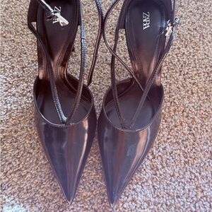 Zara Black Patent Pointed-Strap Heels